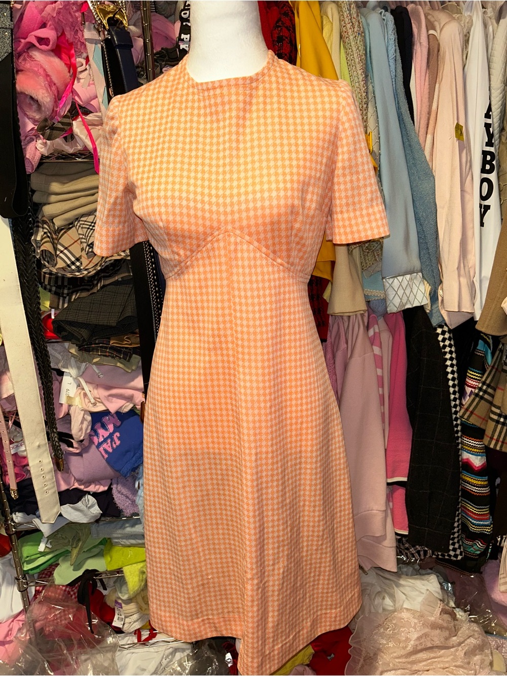 Vintage Peach Houndstooth A-Line Dress